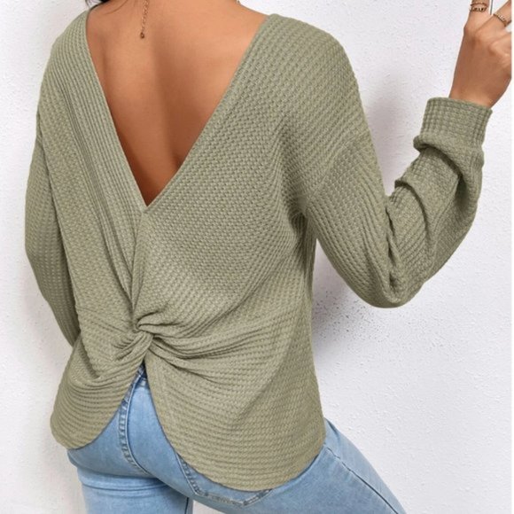 Twist Back Drop Shoulder Waffle Knit Tee - Picture 3 of 7